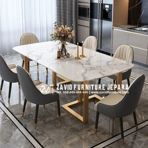 meja makan marmer carrara set 6 kursi rangka kaki stainless unik