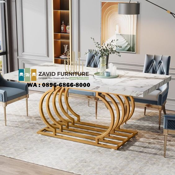 meja makan marmer persegi panjang stainless gold mewah