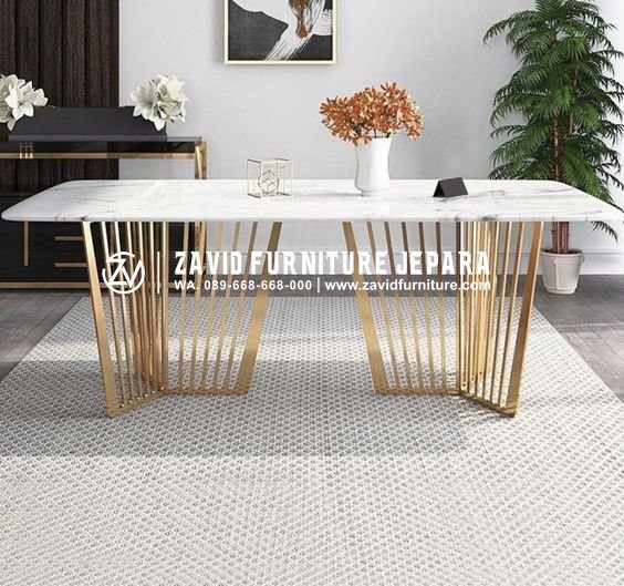 meja makan marmer putih stainless jeruji gold terunik