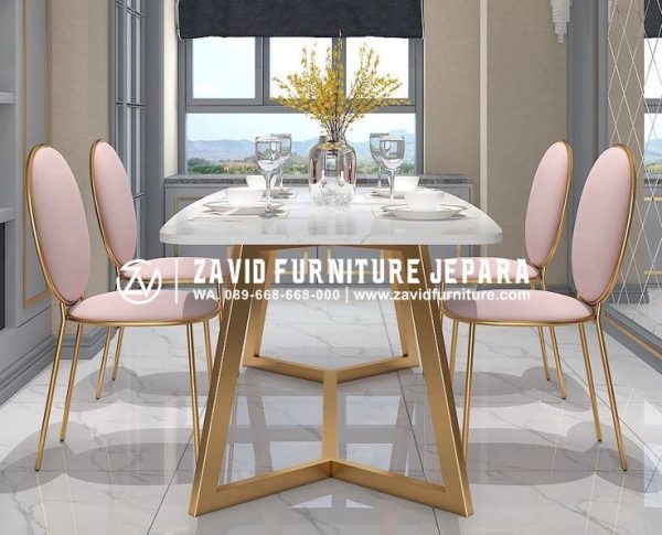 meja makan marmer putih stainless simple unik set kursi sandaran oval jok pink