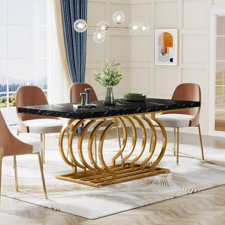 Meja Makan Hitam Glossy Marmer Terkokoh Surabaya Gold Stainless