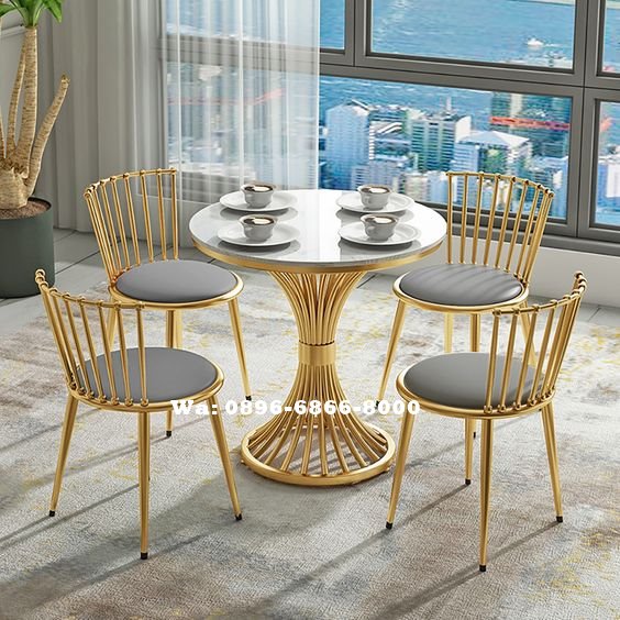 Meja Makan Marmer Bulat Stainless Gold Modern