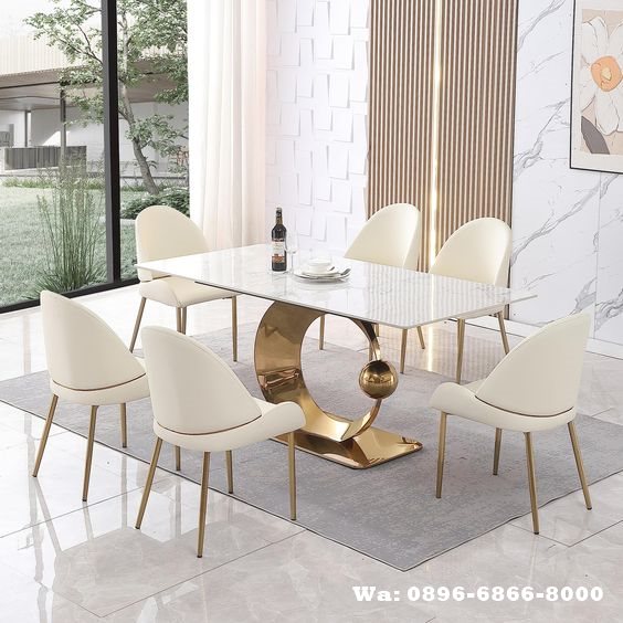 Meja Makan Marmer Putih Terkokoh Stainless Gold