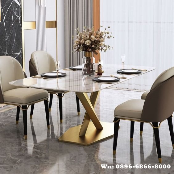 Desain Meja Makan Marmer Unik Kaki Silang Stainless