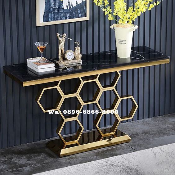Meja Konsul Stainless Sarang Lebah Top Marmer Hitam Terlaris